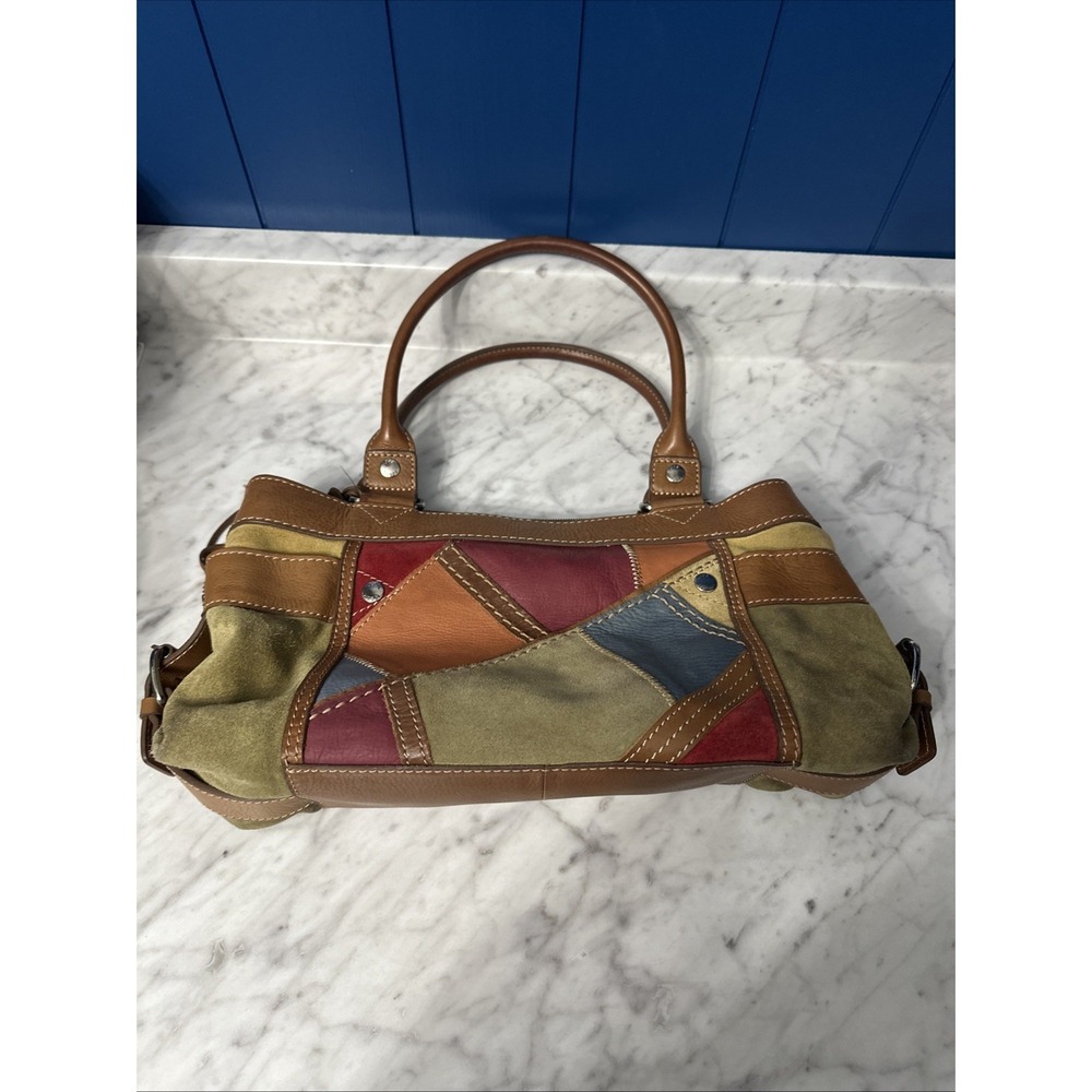 Fossil Multi-Color Leather and Suede Patchwork Shoulder Handbag Purse 8x14x4.
